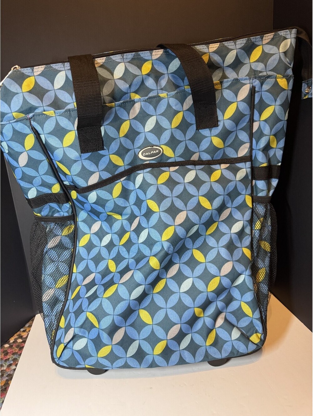 CalPak Luggage Rolling Shopping Tote Bag Blue and Yellow Geometric 20”x 16” X 8”